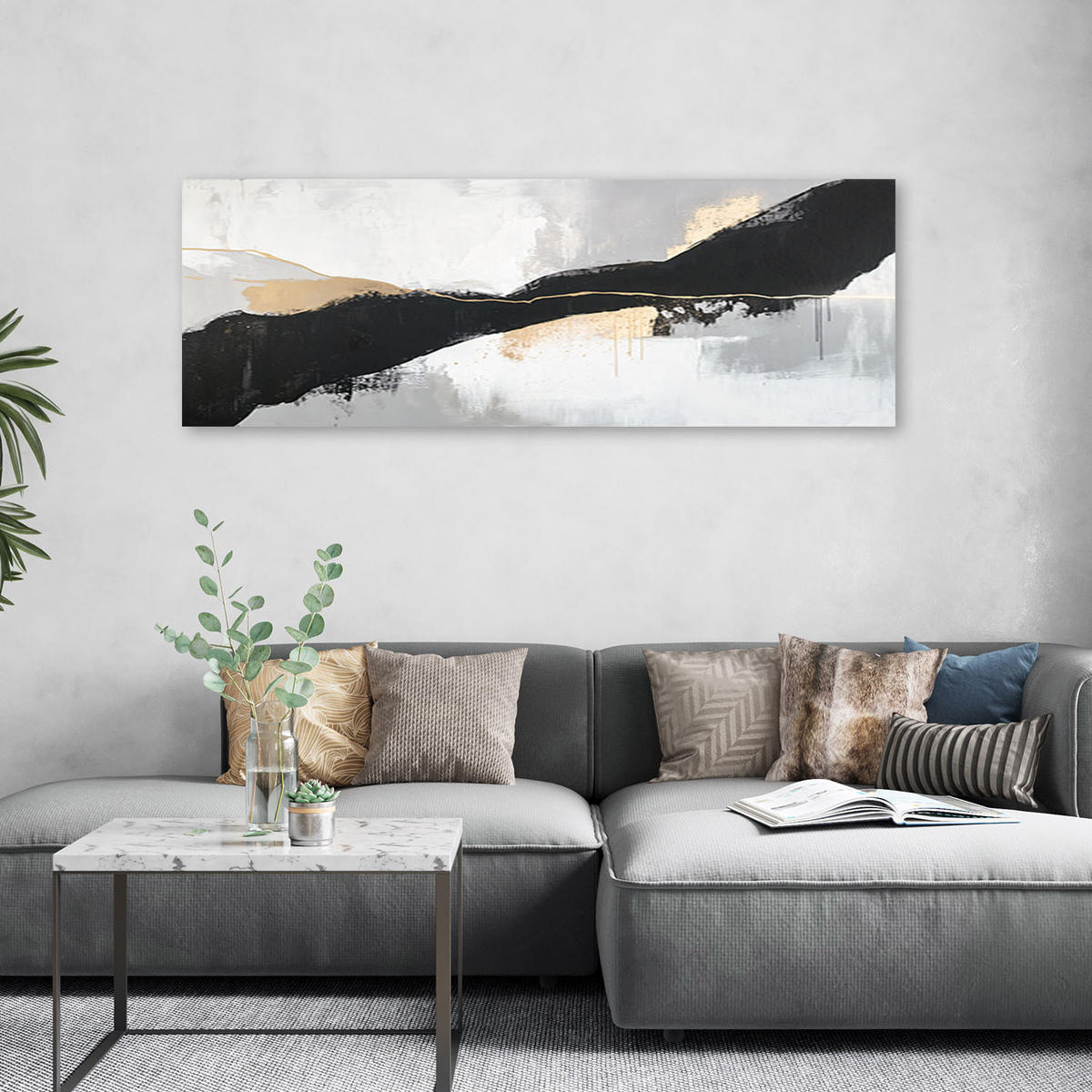 LEINWANDBILD Abstrakt Formen Linien Glamour Gold 150x50cm - Grau, Textil (150/50cm) - Feeby