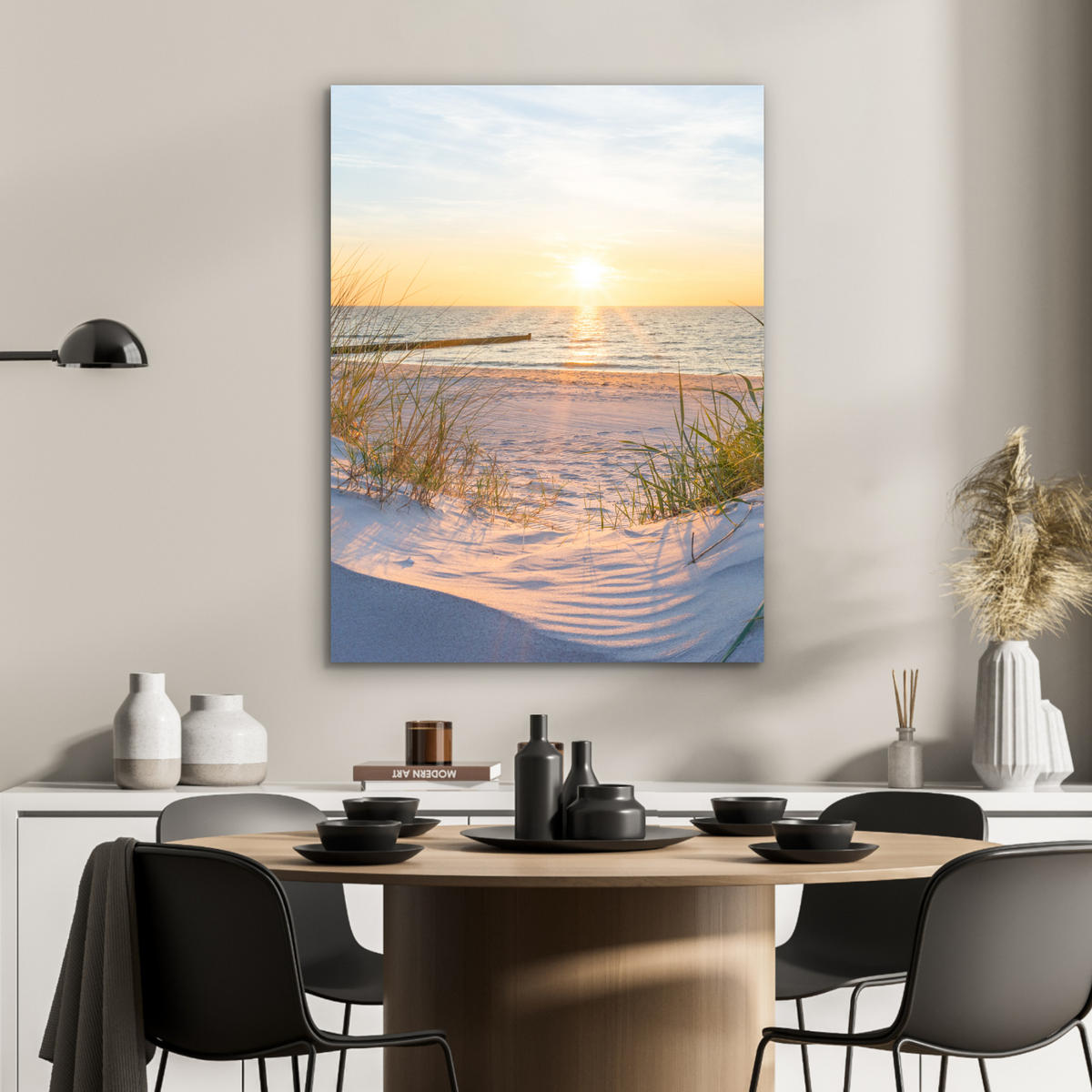 KOVOVÝ OBRAZ Pláž - Slnko - Duny - Tráva - Piesok - Horizont 60x80 cm - svetlomodrá, kov (60/80cm) - MuchoWow