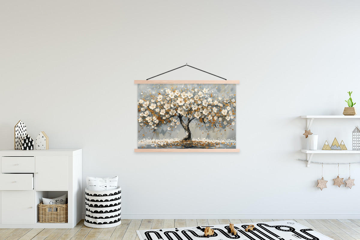 POSTER Baum - Blumen - Weiß - Natur - Kunst 120x80 cm - Weiß, Textil (120/80/0.15cm) - MuchoWow