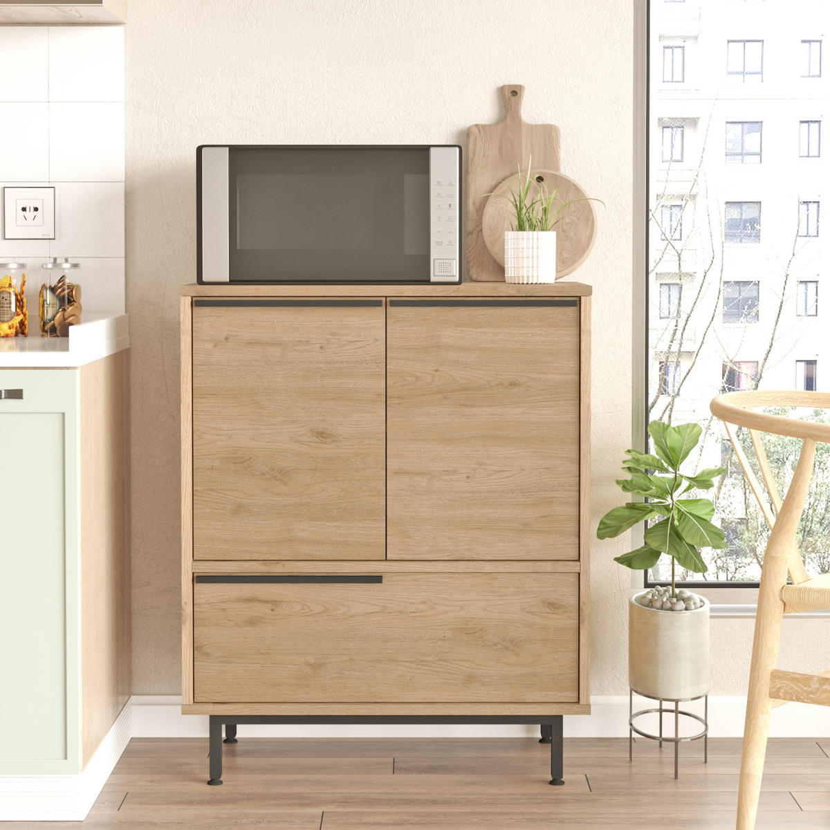 MEHRZWECKSCHRANK Vesanto - Eichefarben/Schwarz, Holzwerkstoff/Metall (75/90.5/35.5cm) - [en.casa]