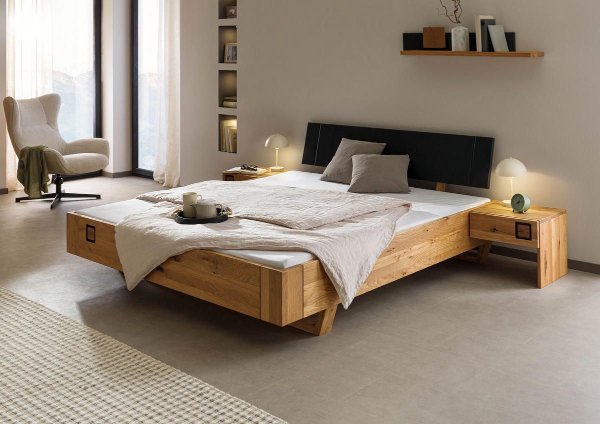 HOLZBETT inkl. Nachttische Wildeiche 200x200x81 natur geölt/lackiert KITZBÜHEL #155 - Braun, Holz (200/200cm) - Massivmoebel24