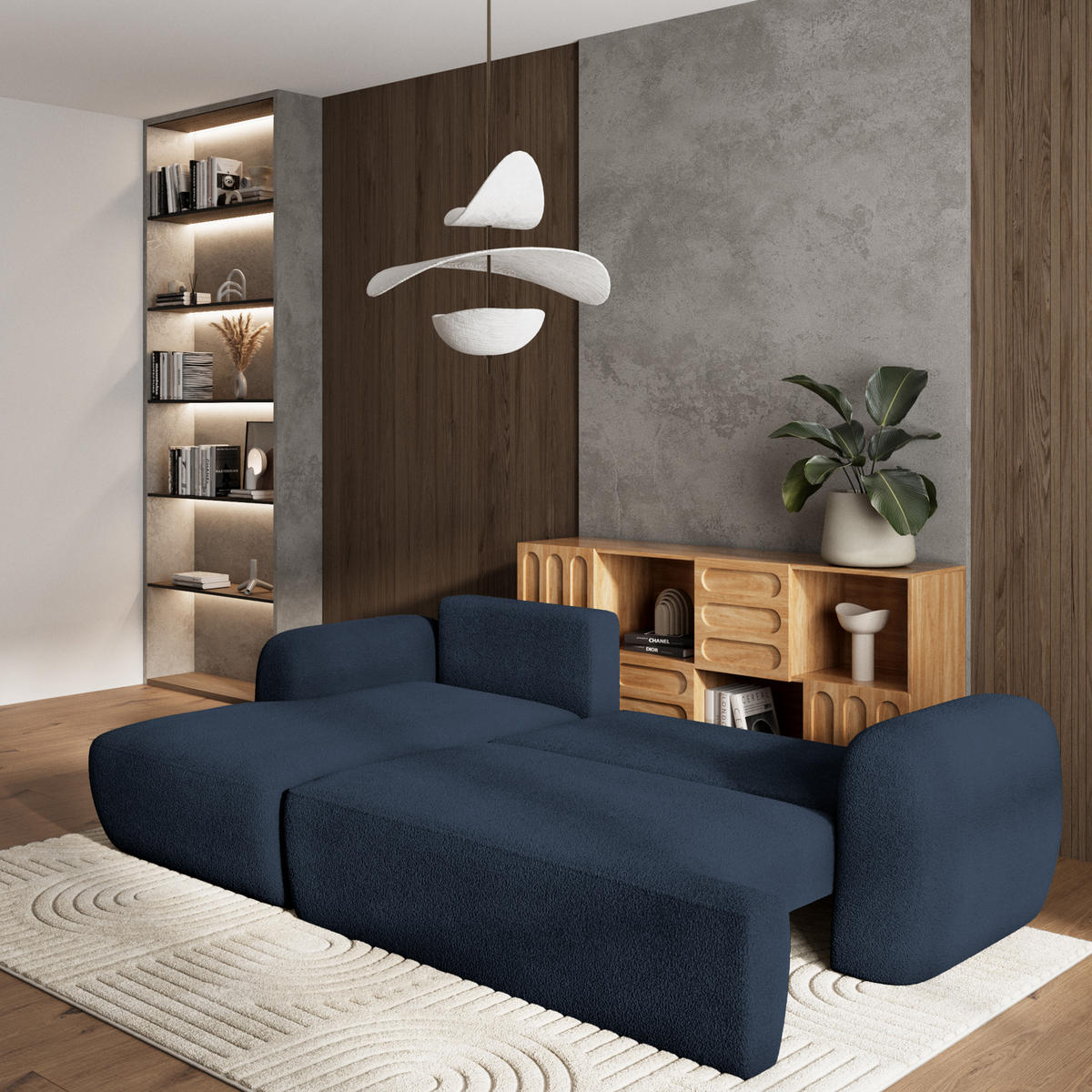 ECKSOFA MODENZA N L-S Blau Boucle-Stoff mit Schlaffunktion - Blau, Holz (266/148cm) - MASSENO