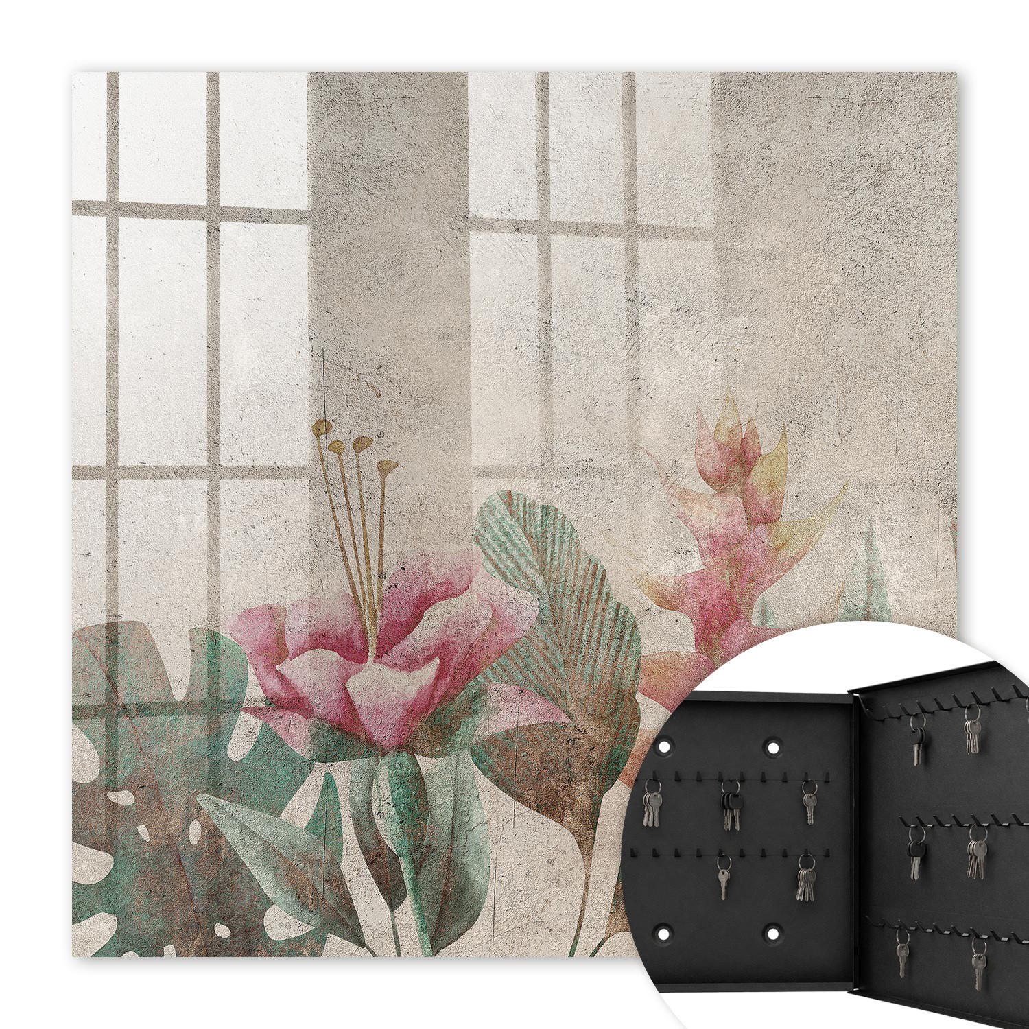 SCHLÜSSELBOX Schwarz 30x30 cm- Türöffnung nach rechts - Botanische Eleganz - Beige, Metall (30/30/5cm) - TULUP