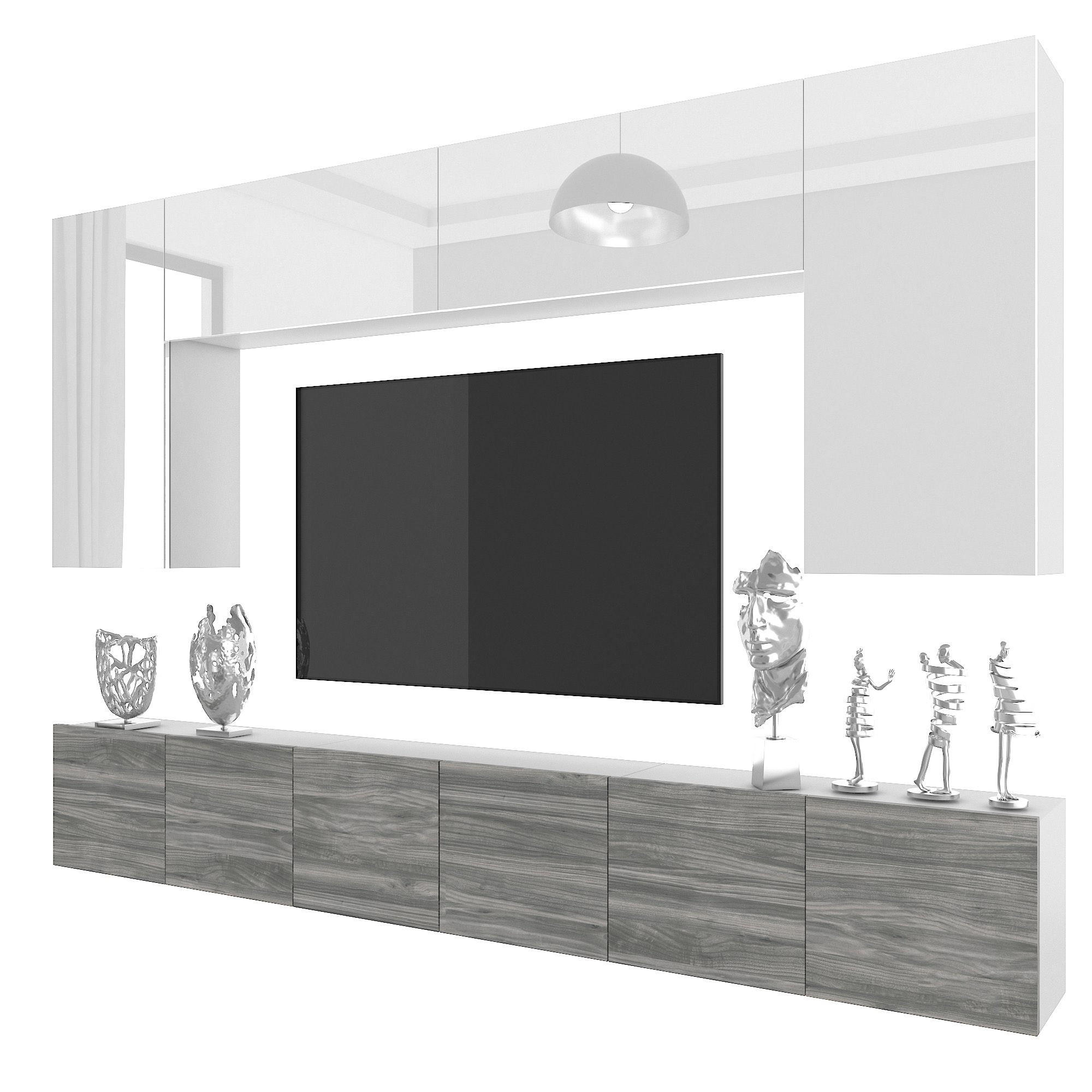 WOHNWAND Milano 2, Weiß Hochglanz/Grau Matt, 300 cm, Grifflos - Weiß, Holz (300/155/36cm) - B BELINI GROUP