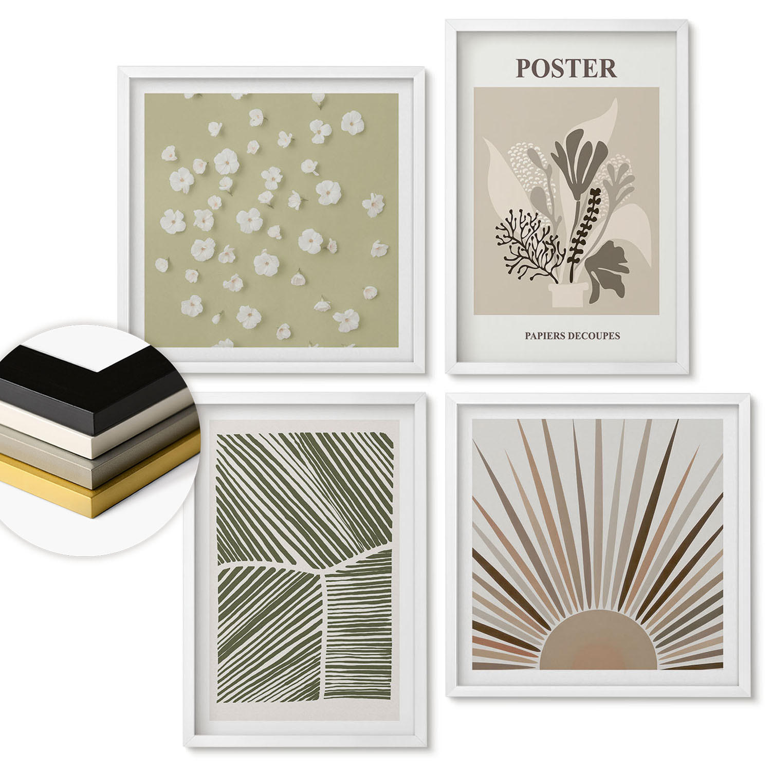 WANDBILDER 4er-Set - 50x50 cm & 40x60 cm Weißer Rahmen - Pflanzenmotive in gedeckten Farben - Weiß, Kunststoff (50/50cm) - ArtPrintCave