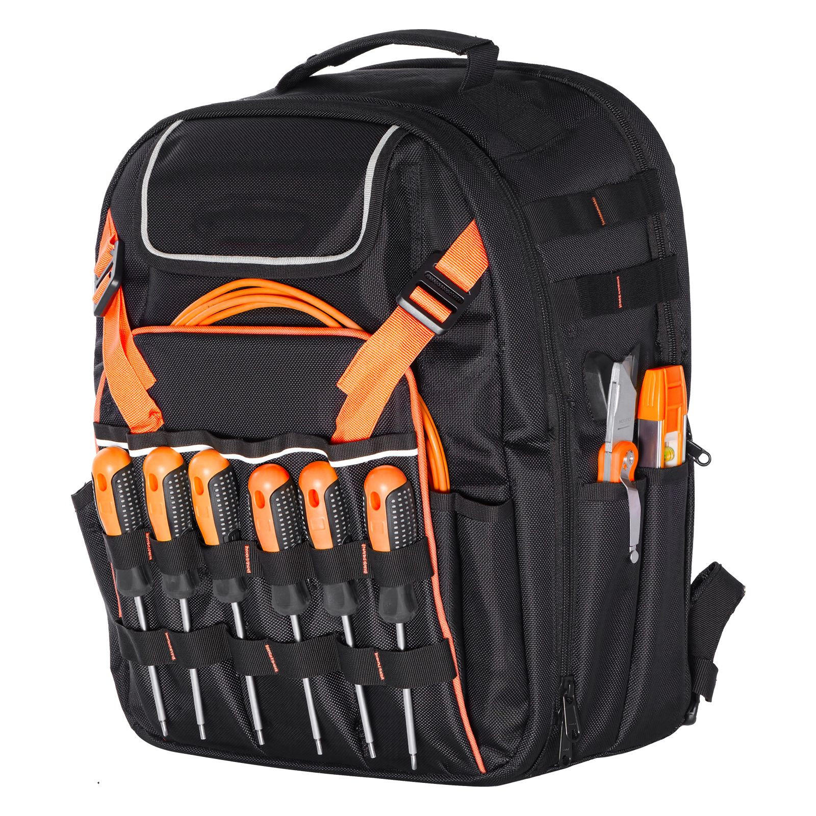 WERKZEUGTASCHE Profi Werkzeugrucksack 45 Taschen mit Laptopfach und verstärktem Stoffboden - Naturfarben, Metall (10/10/10cm) - Raelunyi