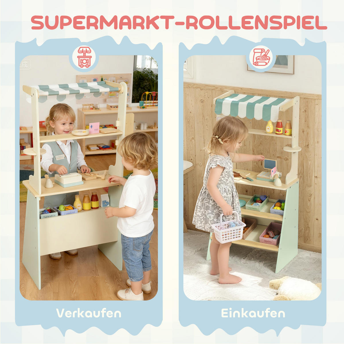KAUFLADEN für Kinder Kaufladen Supermarkt mit Kasse Scanner Tafel Spielzubehör - Hellgrün, Holzwerkstoff (30/92.5/40cm) - AIYAPLAY