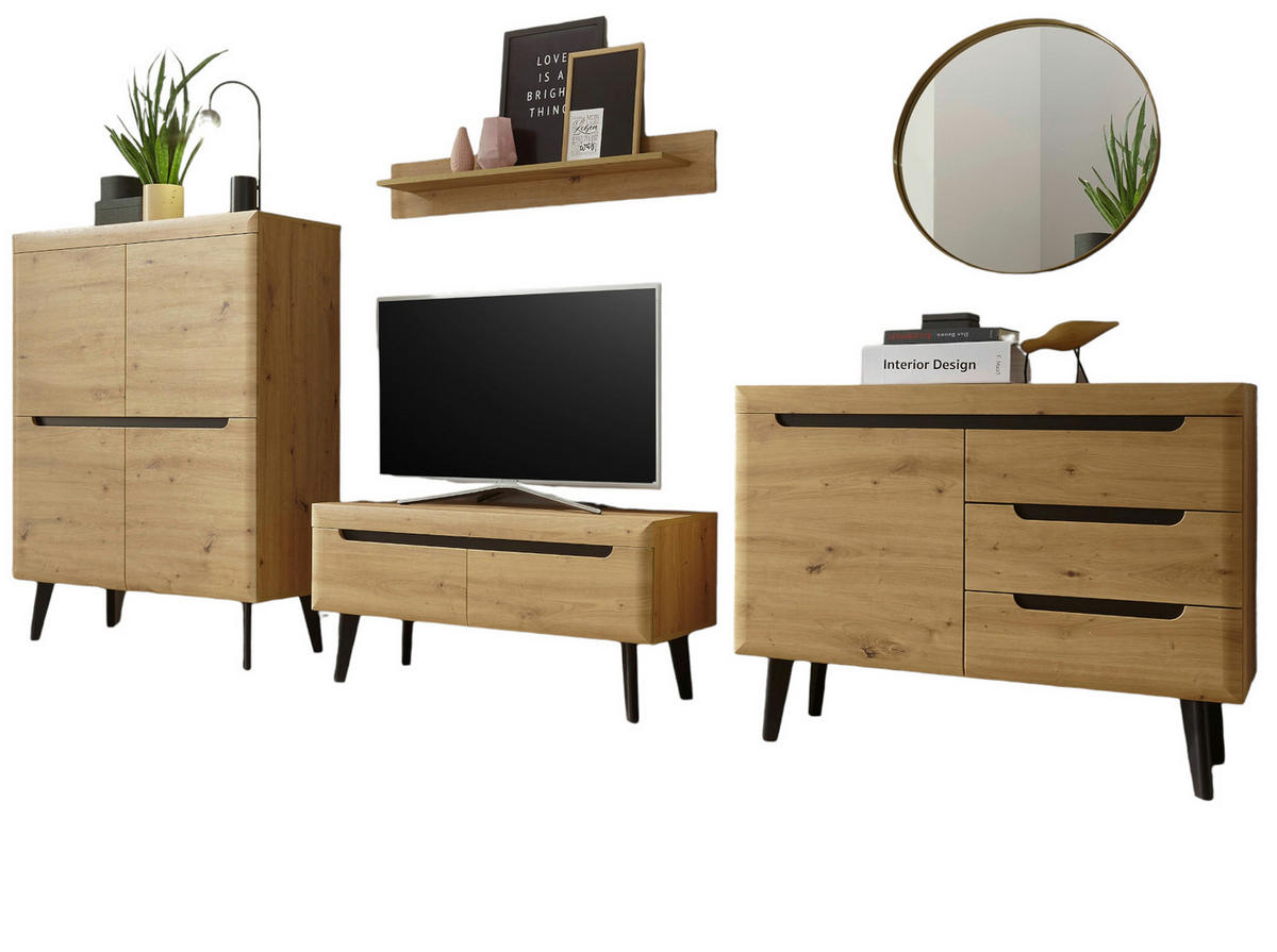 WOHNWAND Artisan Eiche schwarz, Wohnkombination 4-teilig skandinavisch, 361 x 170 cm - Schwarz/Eiche Artisan, Holz/Holzwerkstoff (361/170/40cm) - Furn.Design