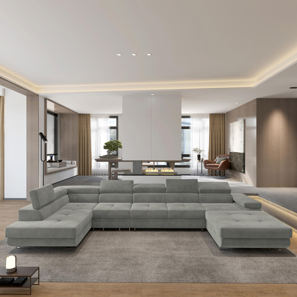 ROHOVÁ SEDAČKA VELORA světle šedá - stříbrná/světle šedá, kov/dřevo (419/90/202cm) - MASSENO