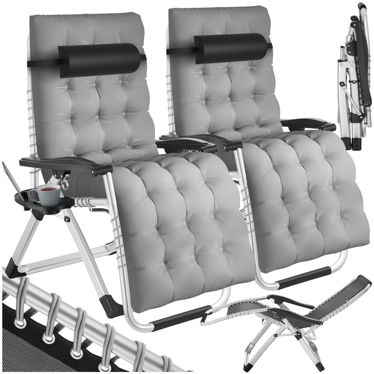 SONNENLIEGE 2er Set Cloud,84 x 168 x 82,5 cm, mit Ablagetisch,hellgrau - Hellgrau, Kunststoff (84/103/113cm) - tectake