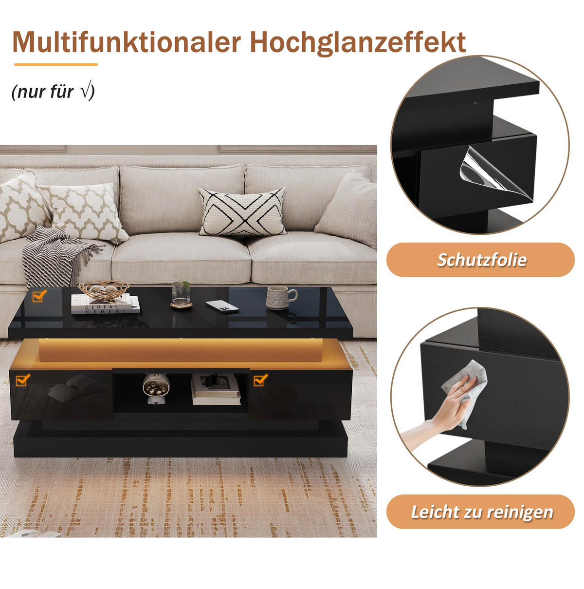 COUCHTISCH 100/50/40 cm höhenverstellbar mit LED-Beleuchtung, USB-Anschluss und 2 Schubladen, Schwarz - Schwarz, Holzwerkstoff (100/50/40cm) - Redom
