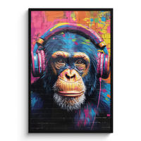GERAHMTES BILD Graffiti - Schimpanse - Straßenkunst - Kopfhörer - Affe 80x120 cm - Blau, Papier (80/120cm) - MuchoWow