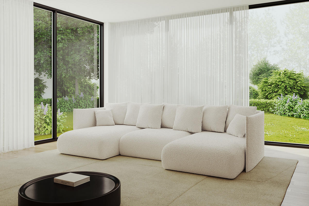 WOHNLANDSCHAFT mit Schlaffunktion und Bettkasten ONESK-U 304x165x40 Weiß Bouclé - Weiß, Holzwerkstoff/Kunststoff (304/90/165cm) - ALTDECOR