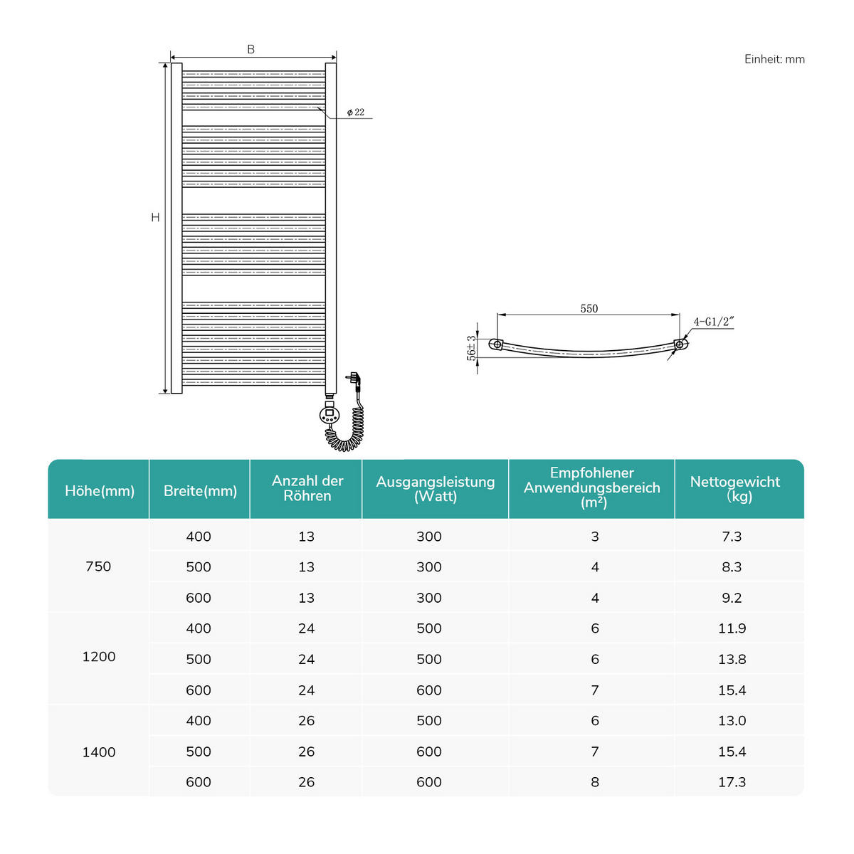 HANDTUCHHEIZKÖRPER elektrisch gebogen Weiß 140/60/5,6 cm - Weiß, Metall (60/140/5.6cm) - EMKE