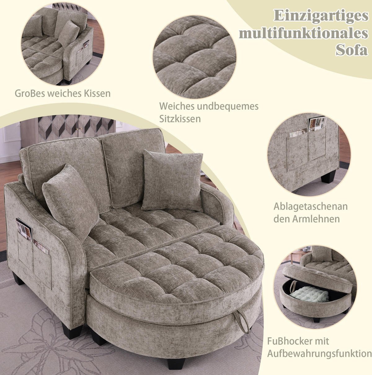 SOFA-BETT 132/129/93 cm aus Eukalyptusholz mit Aufbewahrungshocker Braun - Braun, Holz (129/93/132cm) - Modenvie