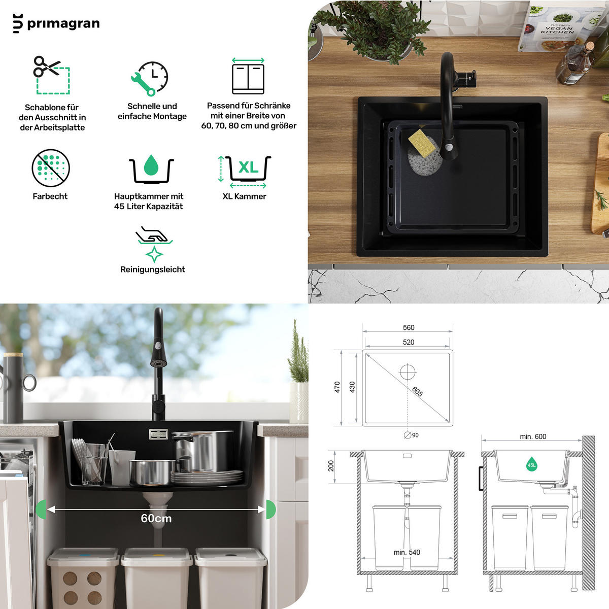 SPÜLBECKEN London Slim, 2-er set Schwarz 56/47 cm 1 Becken + Ablauf-Set ab 60er Unterschrank - Chromfarben/Schwarz, Kunststoff (56/20/47cm) - Primagran