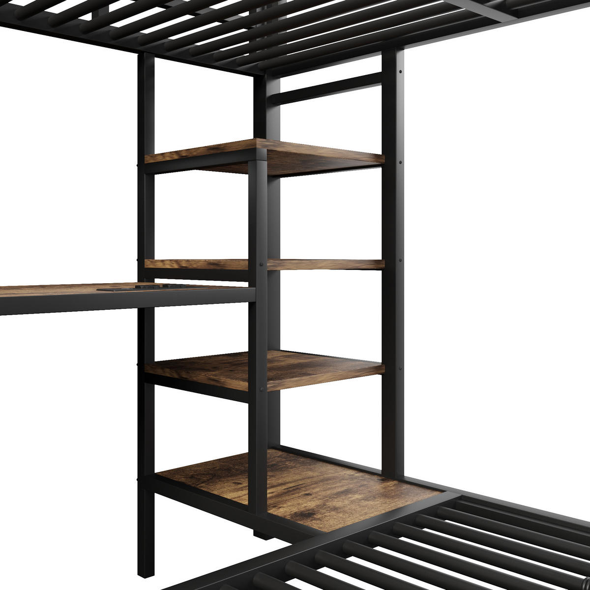 ETAGENBETT 90/200 cm + 140/200 cm Schwarz, Metallgestell mit Stauraum und LED-Beleuchtung - Schwarz, Metall
