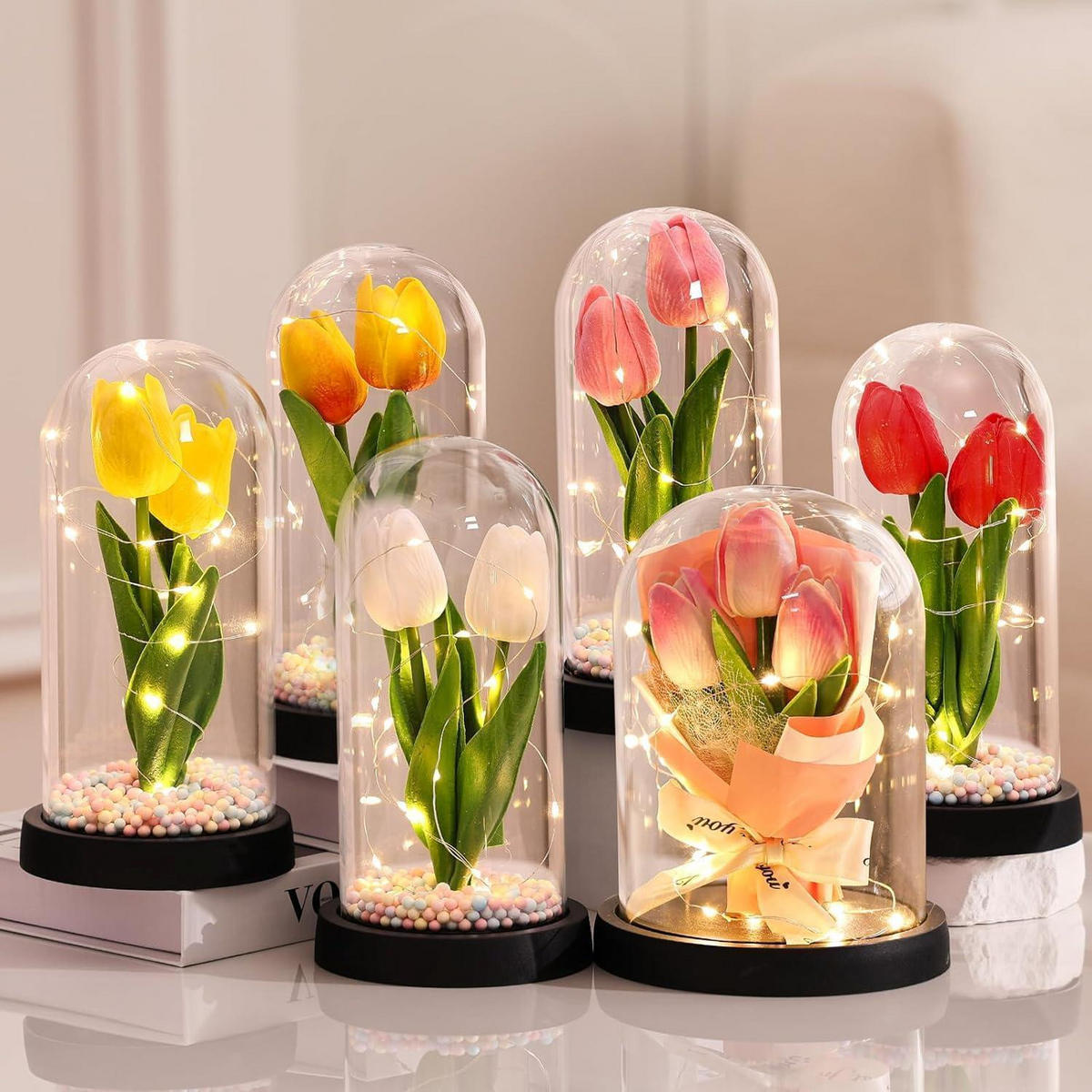 KUNSTBLUMEN im Glas mit LED-Licht Rosa - Rosa, Glas (15cm)