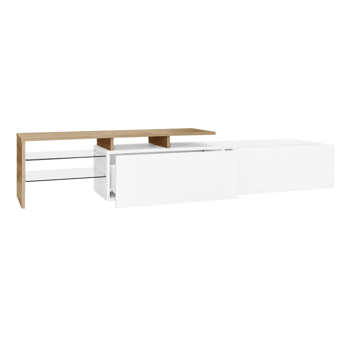 TV-ELEMENT170X33X33,5CM HochglanzWeiß mit LEDBeleuchtung und Glasböden - Naturfarben, Holz (42.19/18.42/143cm) - Raelunyi