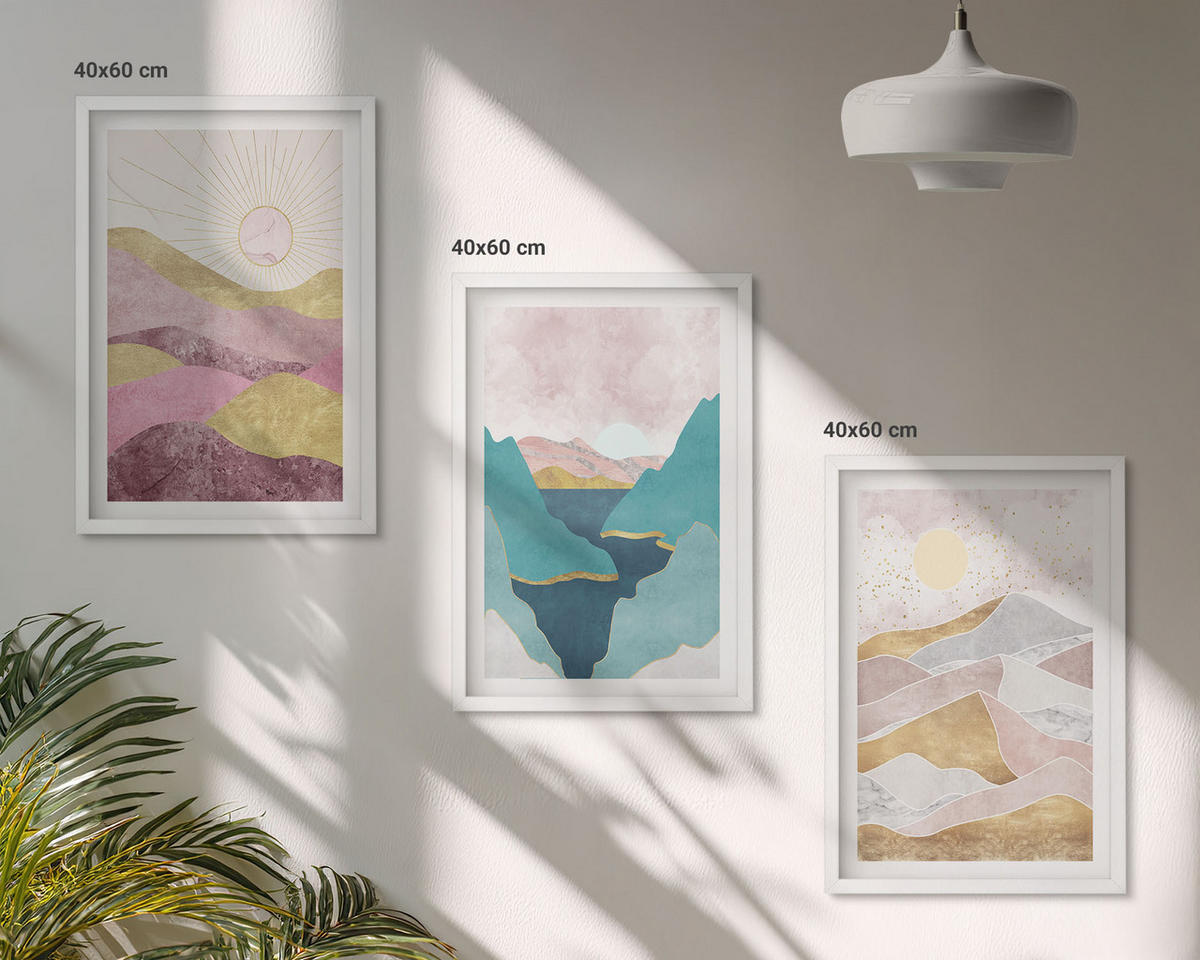 WANDBILDER 3er-Set - 40x60 cm Weißer Rahmen - Abstrakte Berge Sonne - Weiß, Kunststoff (40/60cm) - ArtPrintCave