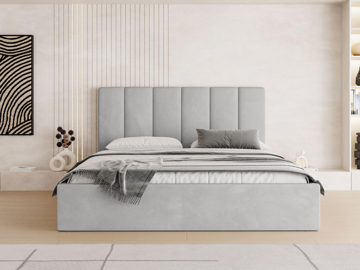 POLSTERBETT Amira Slim mit Bettkasten, Grau Samt 140x200 cm - Birkefarben/Schwarz, Holz/Holzwerkstoff (140/200cm) - WFL GROUP