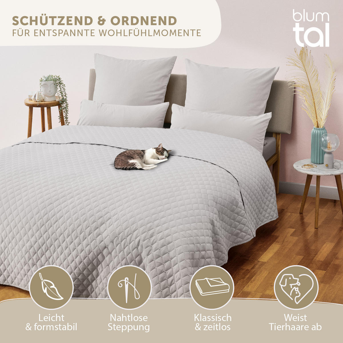 TAGESDECKE 170x210 cm, waschbarer Sofa- & Couchüberwurf, Hellgrau - Hellgrau, Textil (170/210cm) - Blumtal