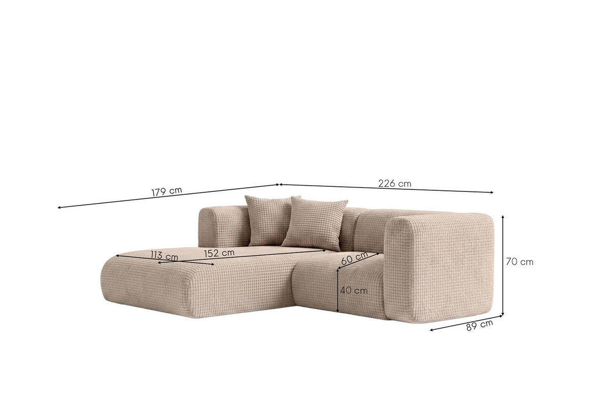 ECKSOFA L-Form mini, Chenille-Stoff Cremona, Beige, Links, GRETA - Beige, Holz (226/179cm) - Kaiser Möbel
