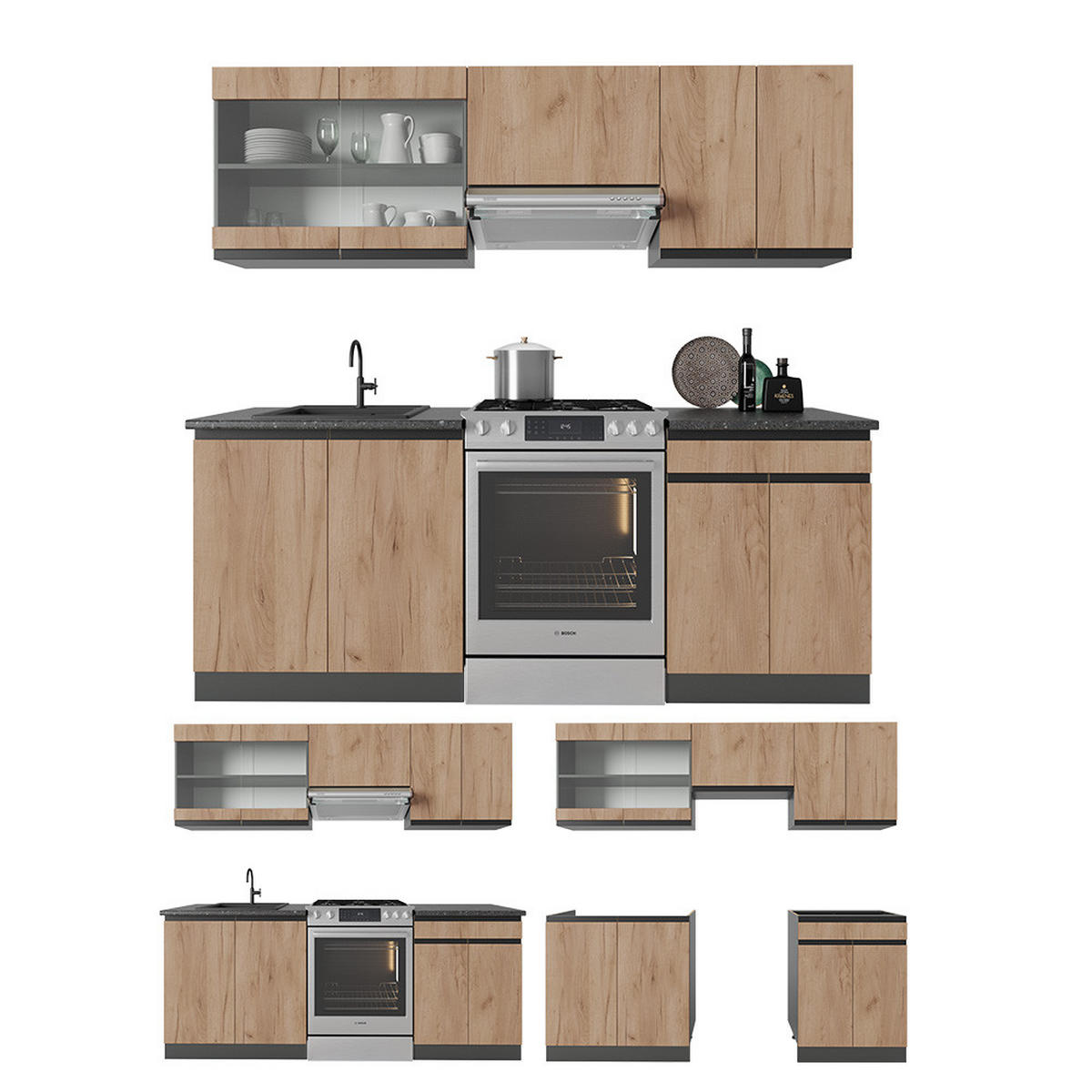 KÜCHENZEILE R-Line Goldkraft Eiche/Anthrazit 200 cm J-Shape - Honigeiche/Anthrazit, Holzwerkstoff (200/81.6/46cm) - Vicco
