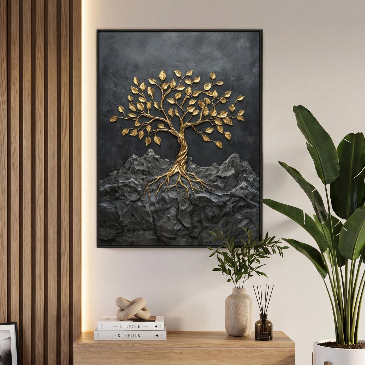 LEINWAND Bilder mit Rahmen - Blätter - Gold - Baum - Fels - 70x100 - Schwarz, Textil (70/100cm) - MuchoWow