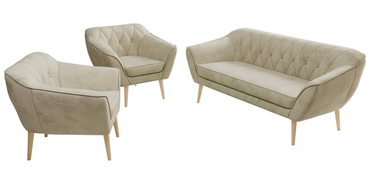 SEDACÍ SOUPRAVA 3+1+1 PIRS - Béžová Samet - Dřevěné nohy - barva buku/béžová, kompozitní dřevo/textil (180/75/74cm) - MKS