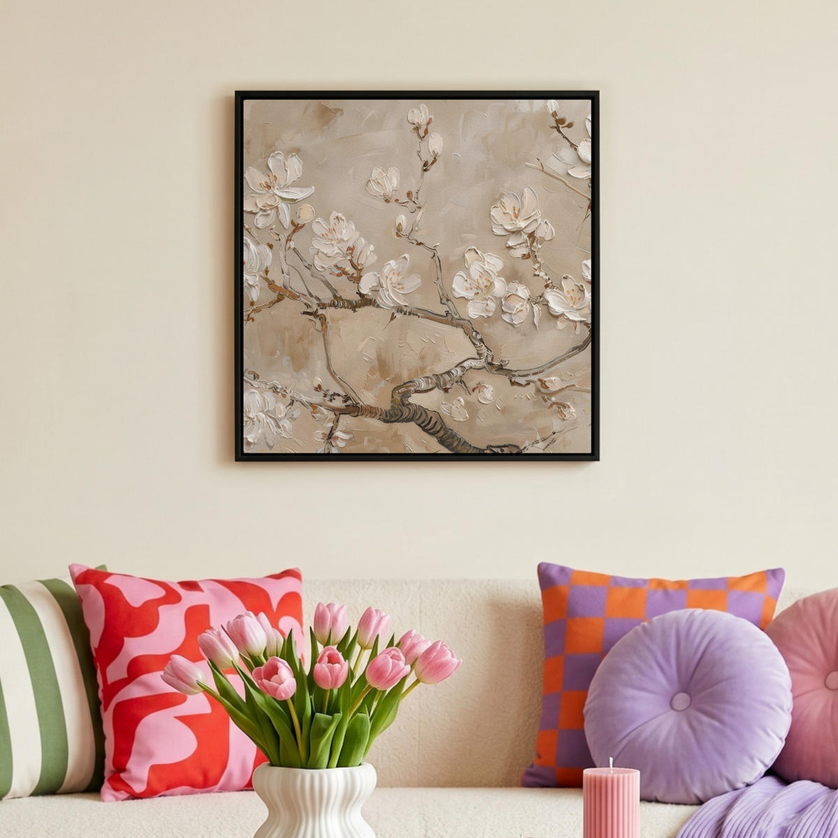 LEINWAND Bilder mit Rahmen - Blumen - Modern - Beige - Weiß - Blüte - 50x50 - Beige, Textil (50/50cm) - MuchoWow