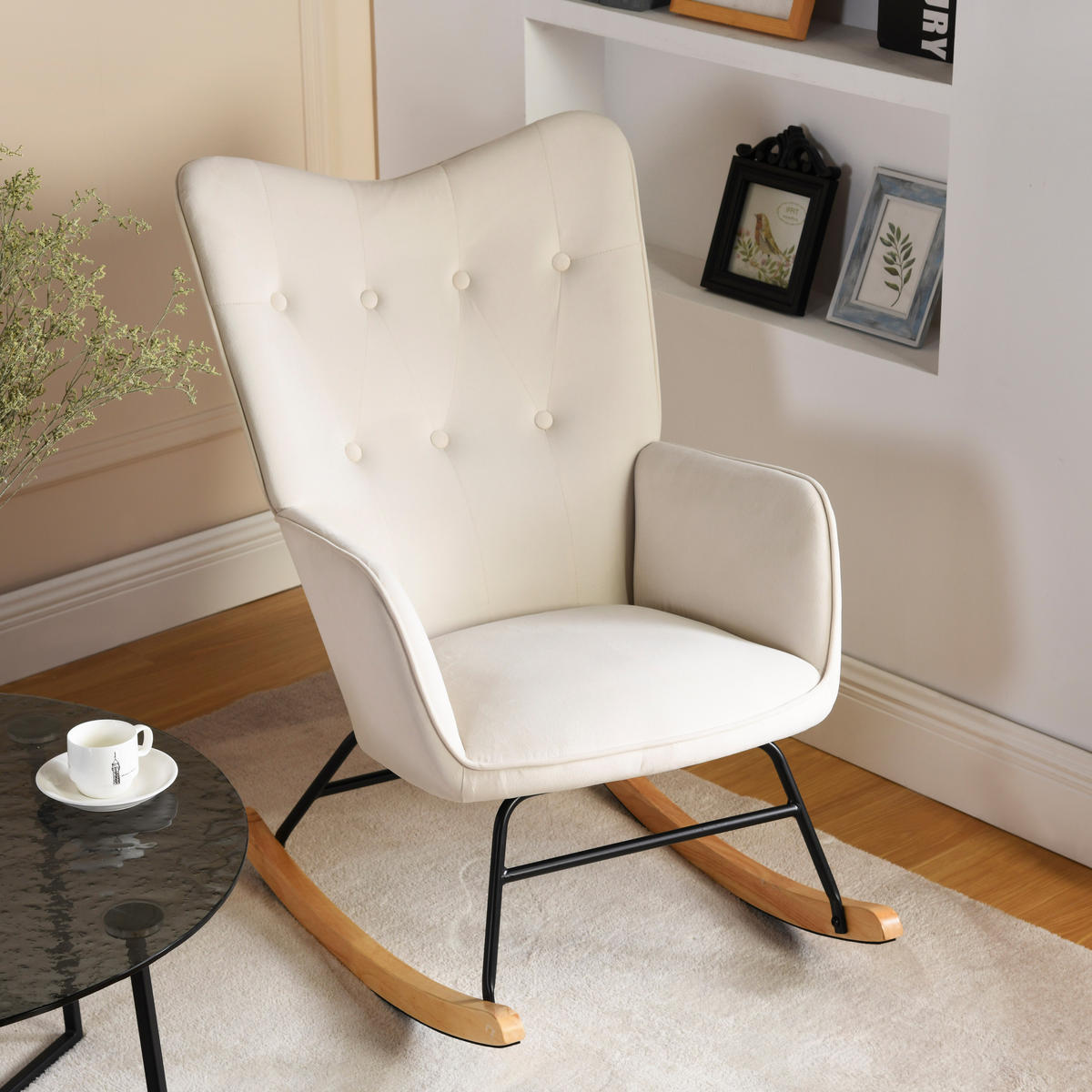 SCHAUKELSESSEL Samt Beige - Eichefarben/Beige, Holz/Textil (84/93/63cm) - Urban Meuble