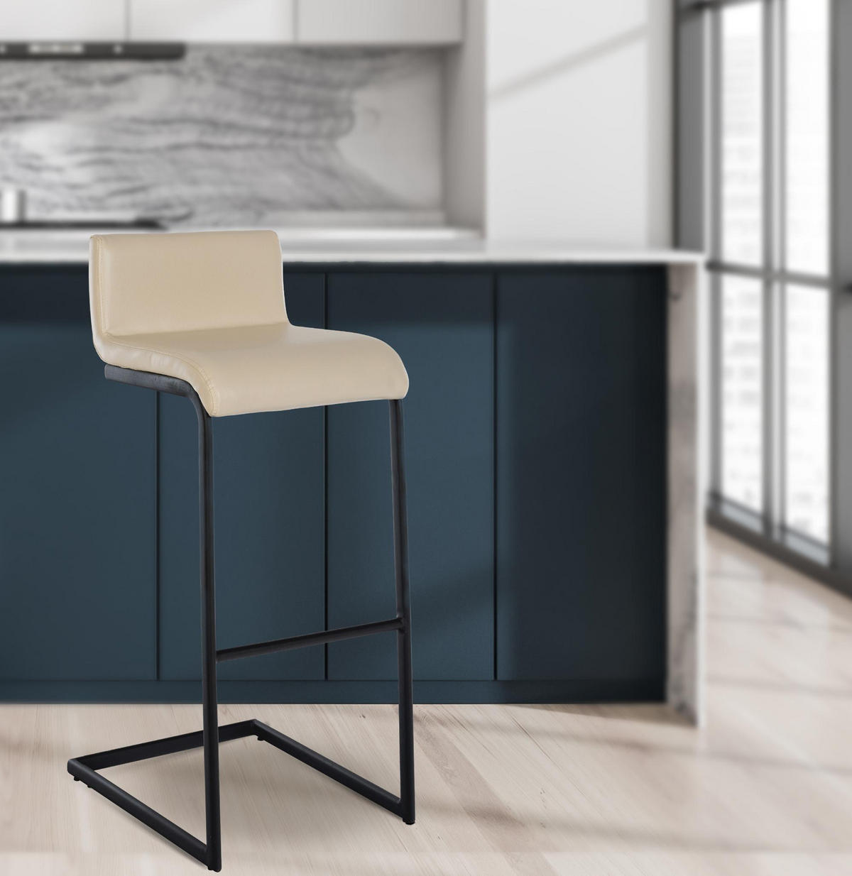 BARHOCKER New Orleans Kunstleder B creme - Schwarz/Naturfarben, Kunststoff/Metall (40/96/50cm) - TPFLiving