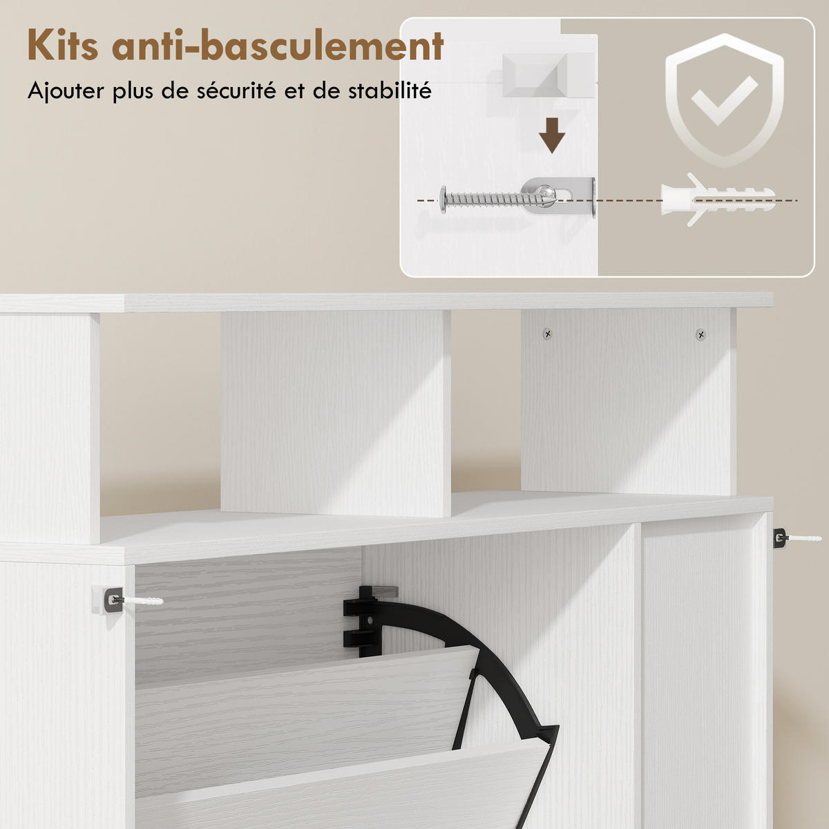 SCHUHKIPPER DE-15075 2 Klapp-Schubladen, offene Fächer Weiß - Weiß, Holzwerkstoff (89/92/25cm) - ComfortXL