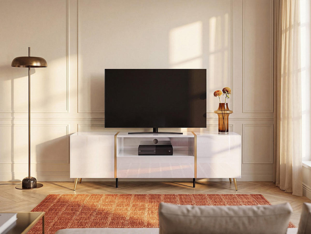 TV-BOARD - 158 cm x 41 cm - holz - weiß, goldfarben Marzialo - Goldfarben/Weiß, Holz (158/51.8/41cm) - Vente-Unique