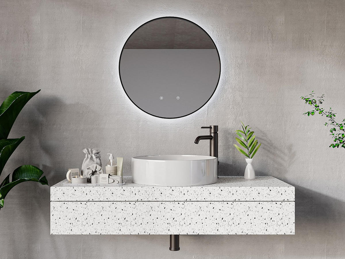 BADEZIMMERSPIEGEL rund mit Beleuchtung - schwarze Kontur - beschlagfrei - D 60 cm - PEONIA - Schwarz, Glas (60/60/4cm) - Vente-Unique