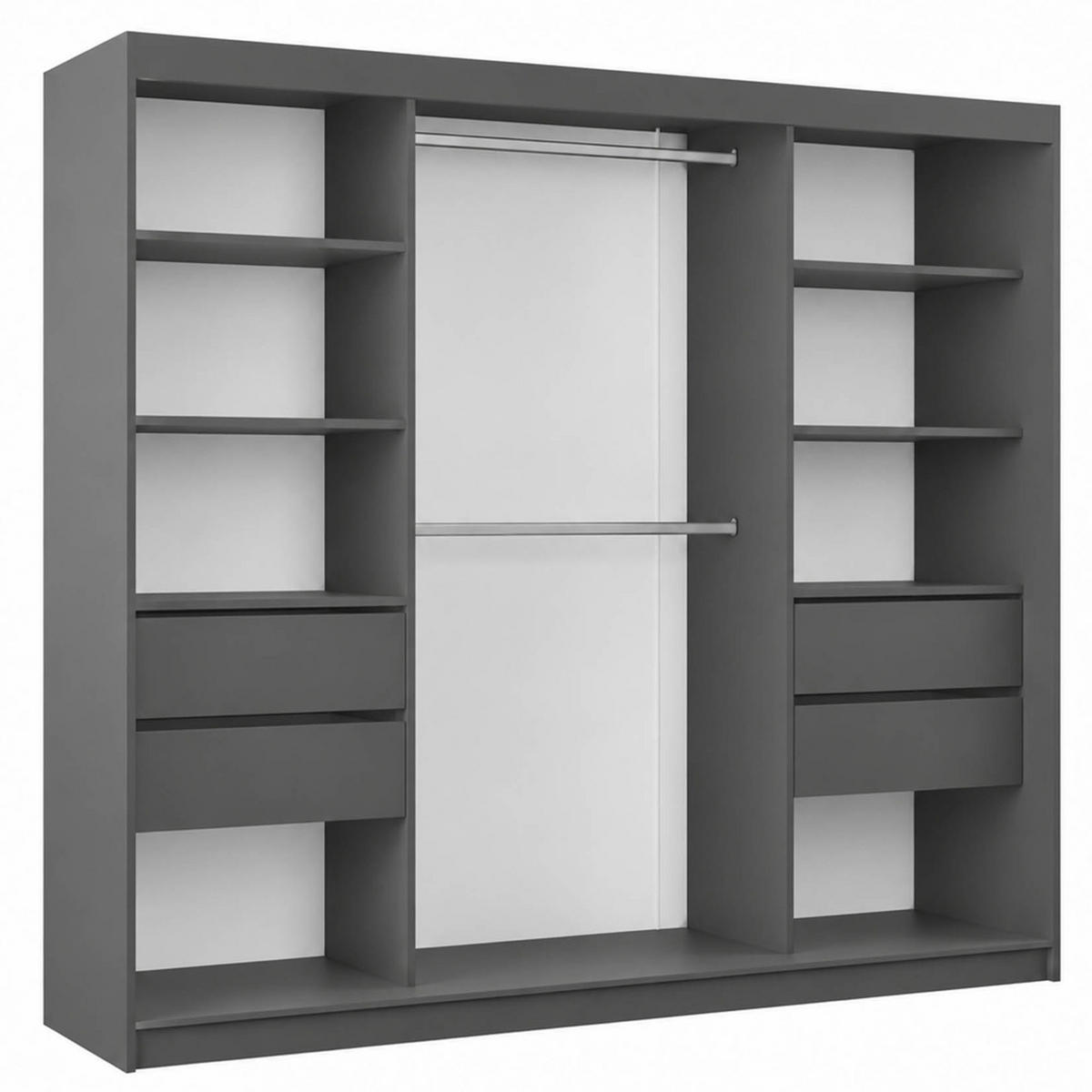 SCHWEBETÜRENSCHRANK Debra II 240/216/61 graphit mit Spiegel und Schubladen - Graphitfarben, Holzwerkstoff (240/216/61cm) - Beautysofa
