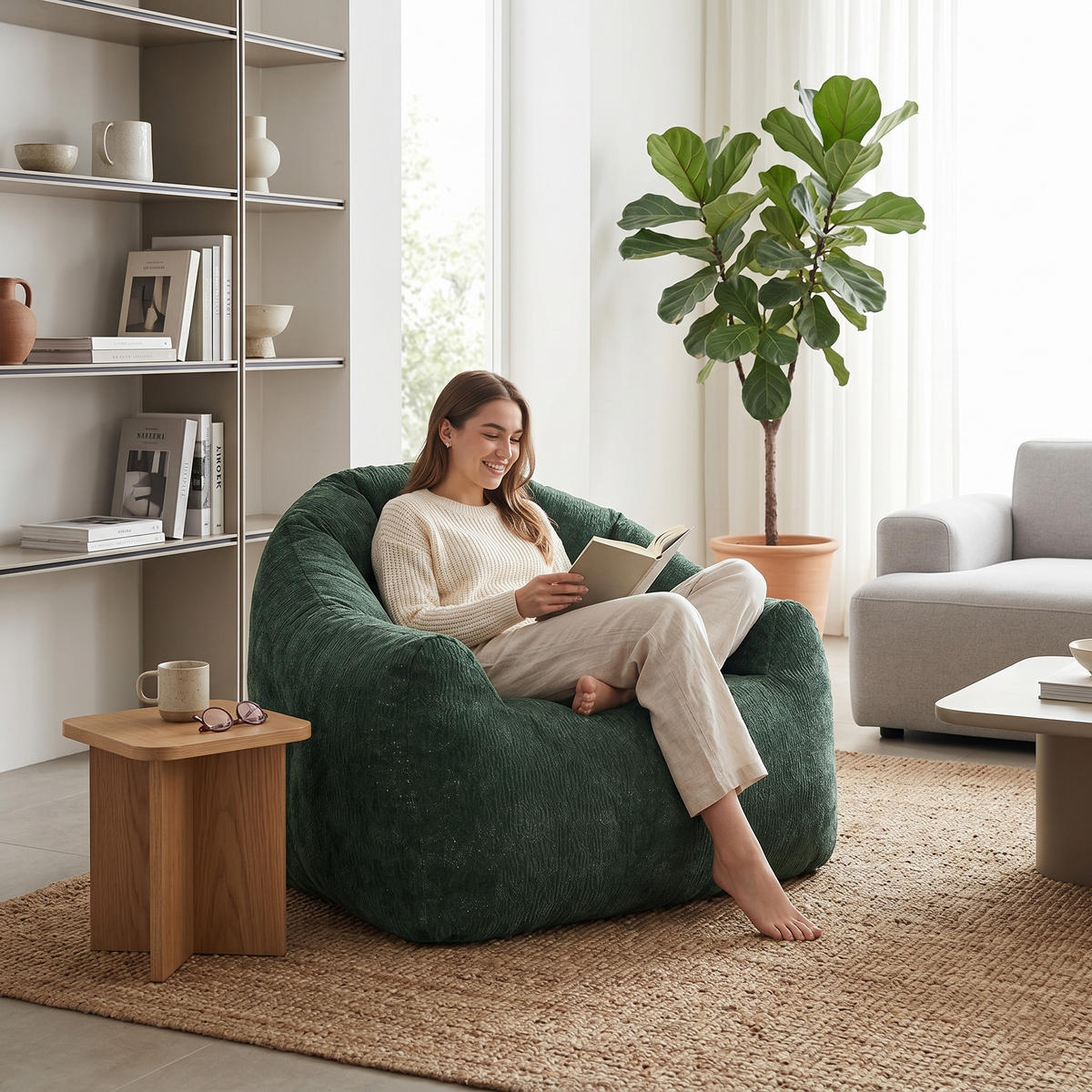 FÅTÖLJ i Flanell med ergonomisk björntass-form - Grön, Textil (86.3/64.7/99cm) - Urban Meuble