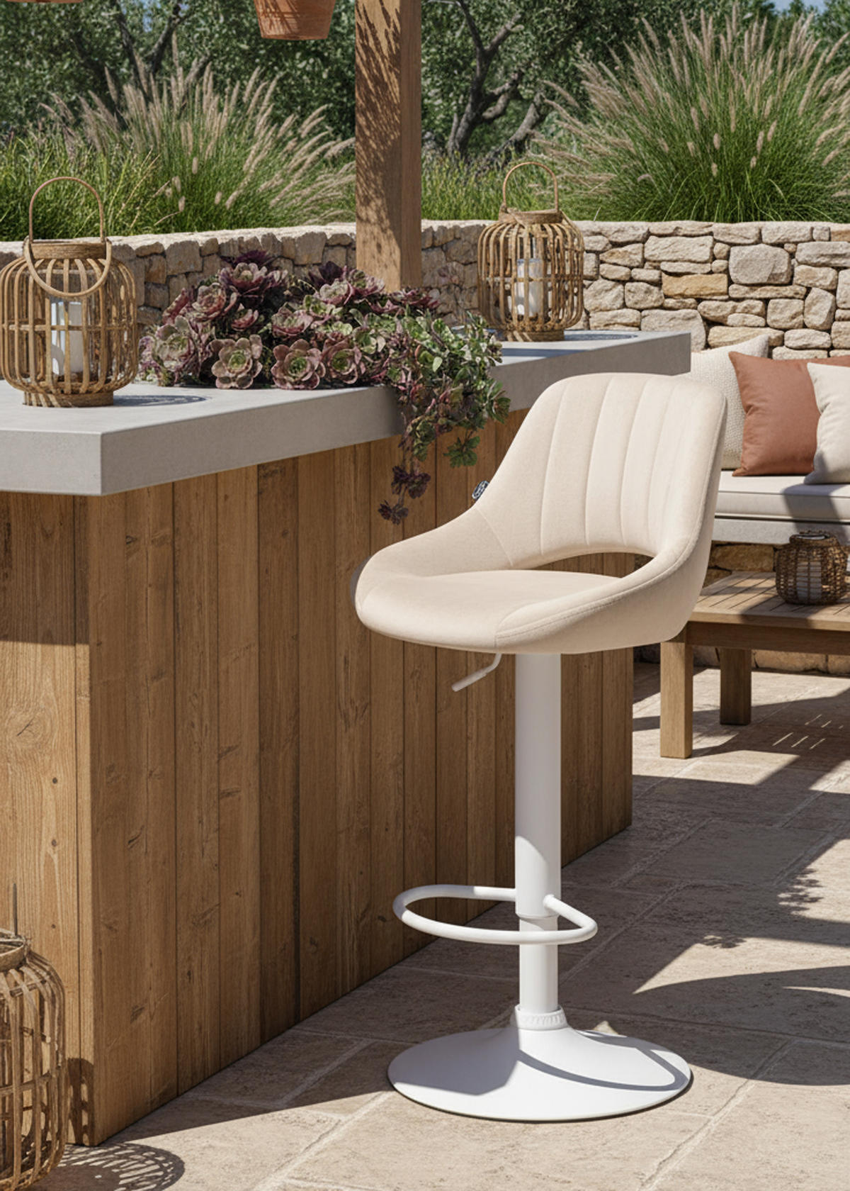 BARHOCKER Milos Samt weiß creme - Naturfarben/Weiß, Textil/Metall (47/106/48cm) - TPFLiving