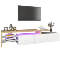 LOWBOARD TV-Schrank Hochglanz Weiß Holzoptik mit Glasböden LED 7 Farben moderner Stauraum einfach Montage - Weiß/Naturfarben, Glas/Holzwerkstoff (197.5/42/39cm) - EVRYAE