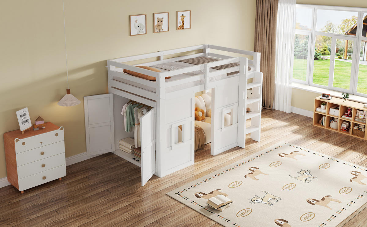 HOCHBETT 90/200 cm in Weiß mit Kleiderschrank, LED und 2 Fenstern - Weiß, Holzwerkstoff (90/200cm) - STILVORA