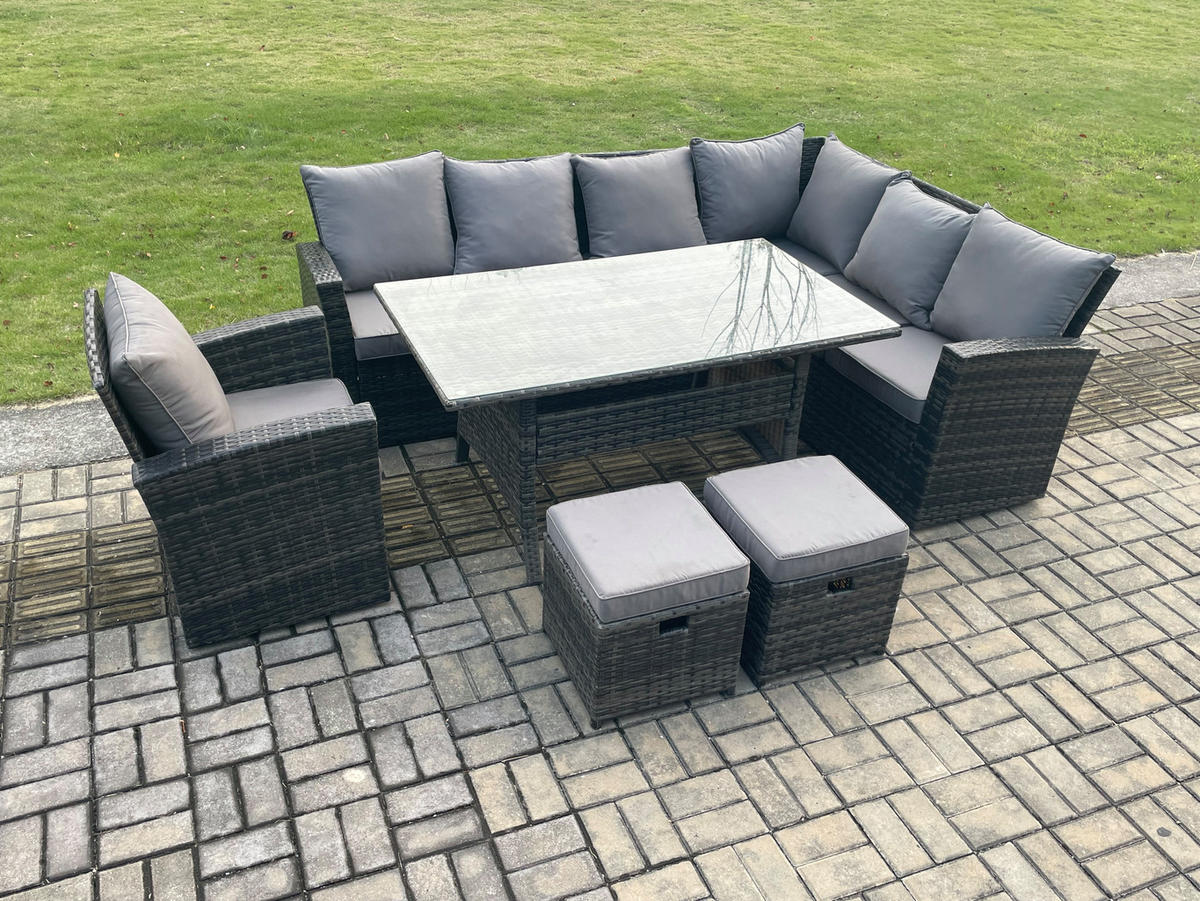 LOUNGEGARNITUR mit Couchtisch Sofa,2 Hocker Polyrattan Dunkelgrau 9-Sitzer - Dunkelgrau/Grau, Glas/Kunststoff - Fimous