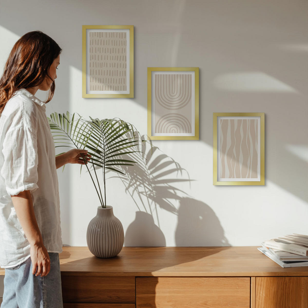 BILDER SET 3er Set - 20x30 cm Goldrahmen - Abstrakte beige Muster - Goldfarben, Kunststoff (20/30cm) - TULUP