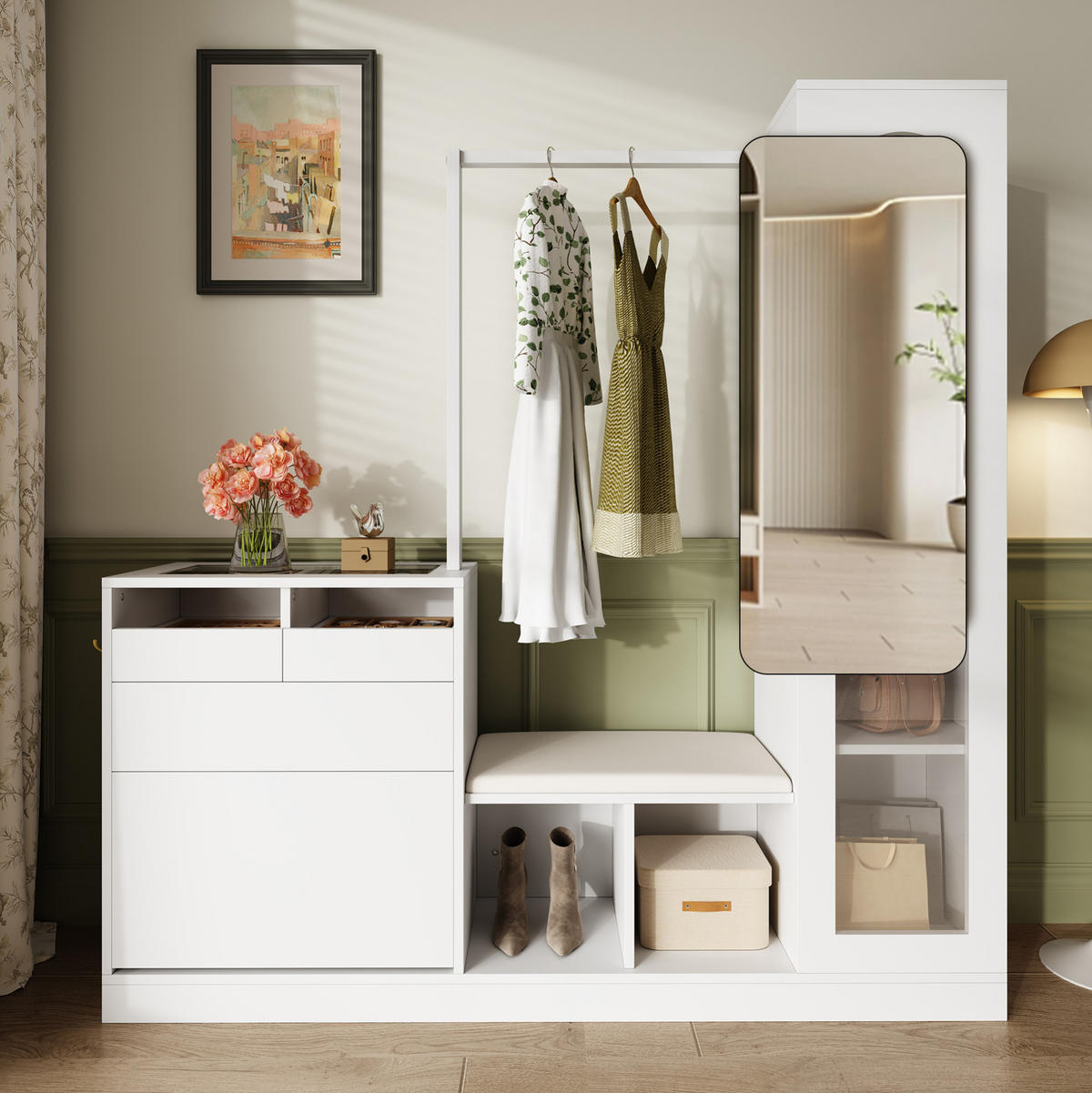 DIELENGARDEROBE 163/50/161 cm in Weiß mit Spiegel, Schuhschrank und Sitzbank - Weiß, Holzwerkstoff (163/161/35cm) - BEAOK