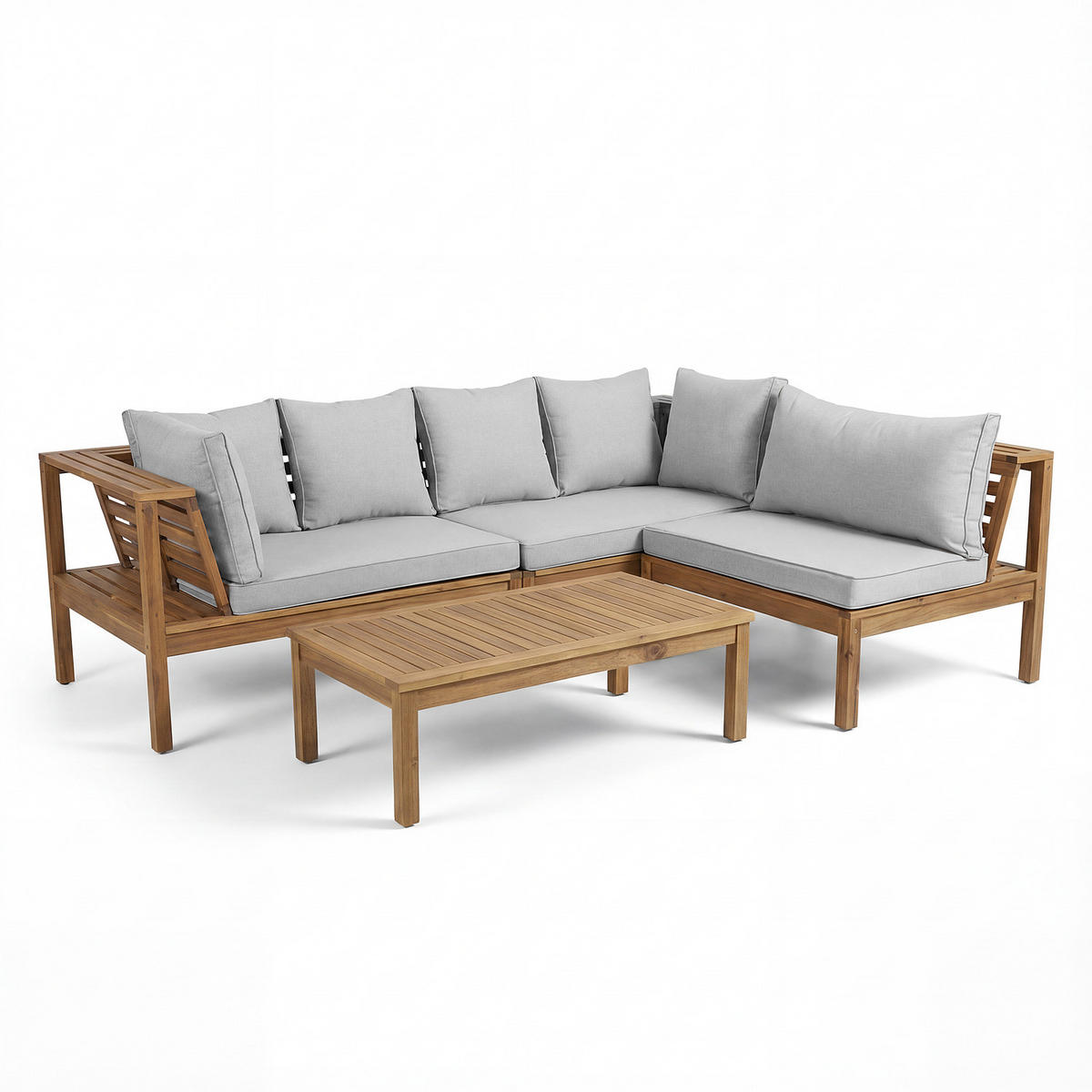 LOUNGESET - 4-teilig - Akazie massiv / Webstoff - Braun / Beige - Hellgrau, Holz/Textil - home24