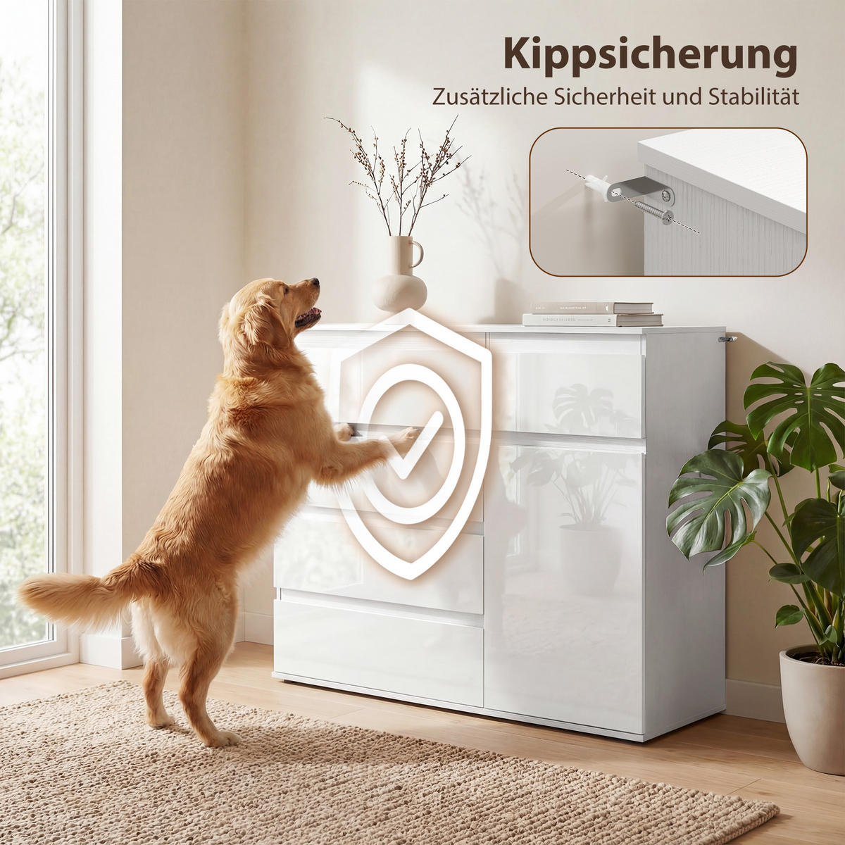 SIDEBOARD Weiß Hochglanz mit 5 Schubladen - Weiß Hochglanz, Holzwerkstoff (100/80/40cm) - PANGIVO