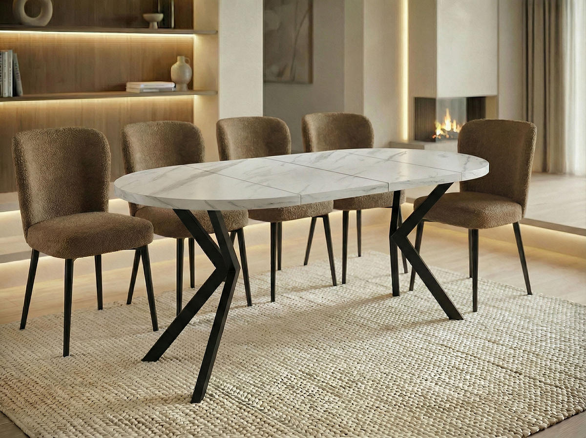 ESSTISCH Valeo runder ausziehbarer, Marmor Weiß 120-200/120/76 cm - Ecru/Schwarz, Holzwerkstoff/Metall (120/120/76cm) - WFL GROUP