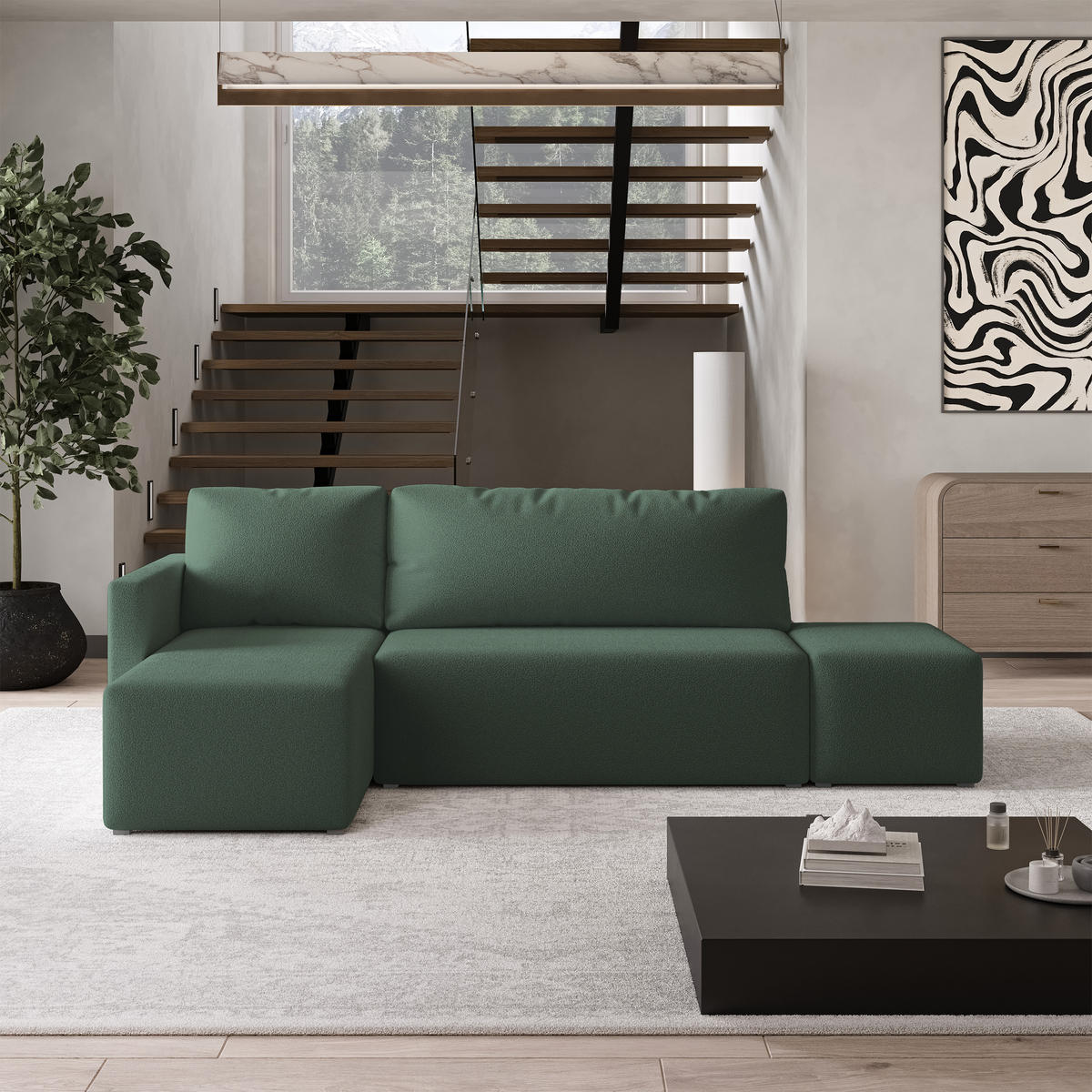 ECKSOFA VELOTTI L-S Grün Boucle-Stoff mit Schlaffunktion - Grün, Holz (261/143cm) - MASSENO