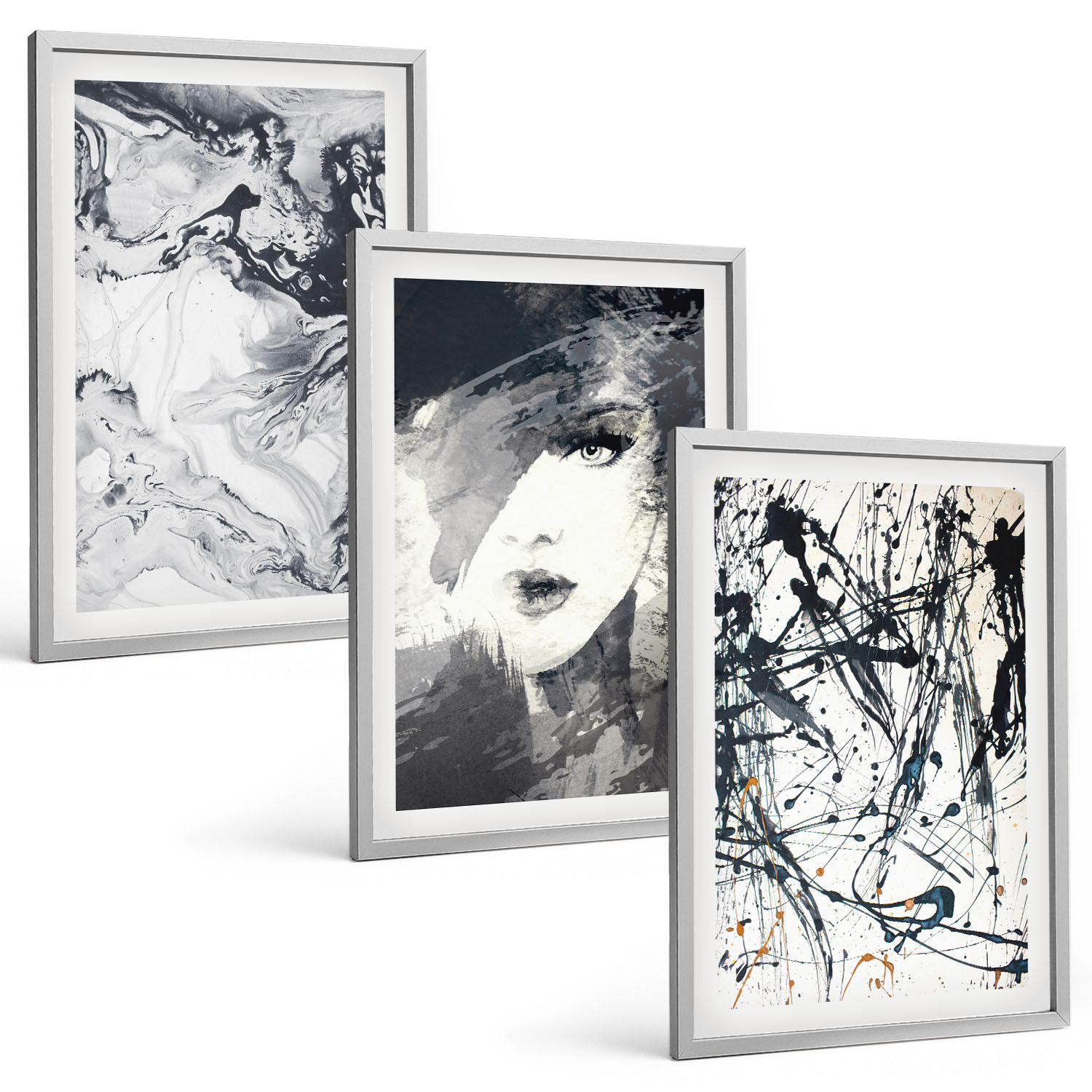BILDER SET 3er Set - 40x60 cm Silberner Rahmen - Abstrakte schwarz-weiße Muster - Silberfarben, Kunststoff (40/60cm) - TULUP