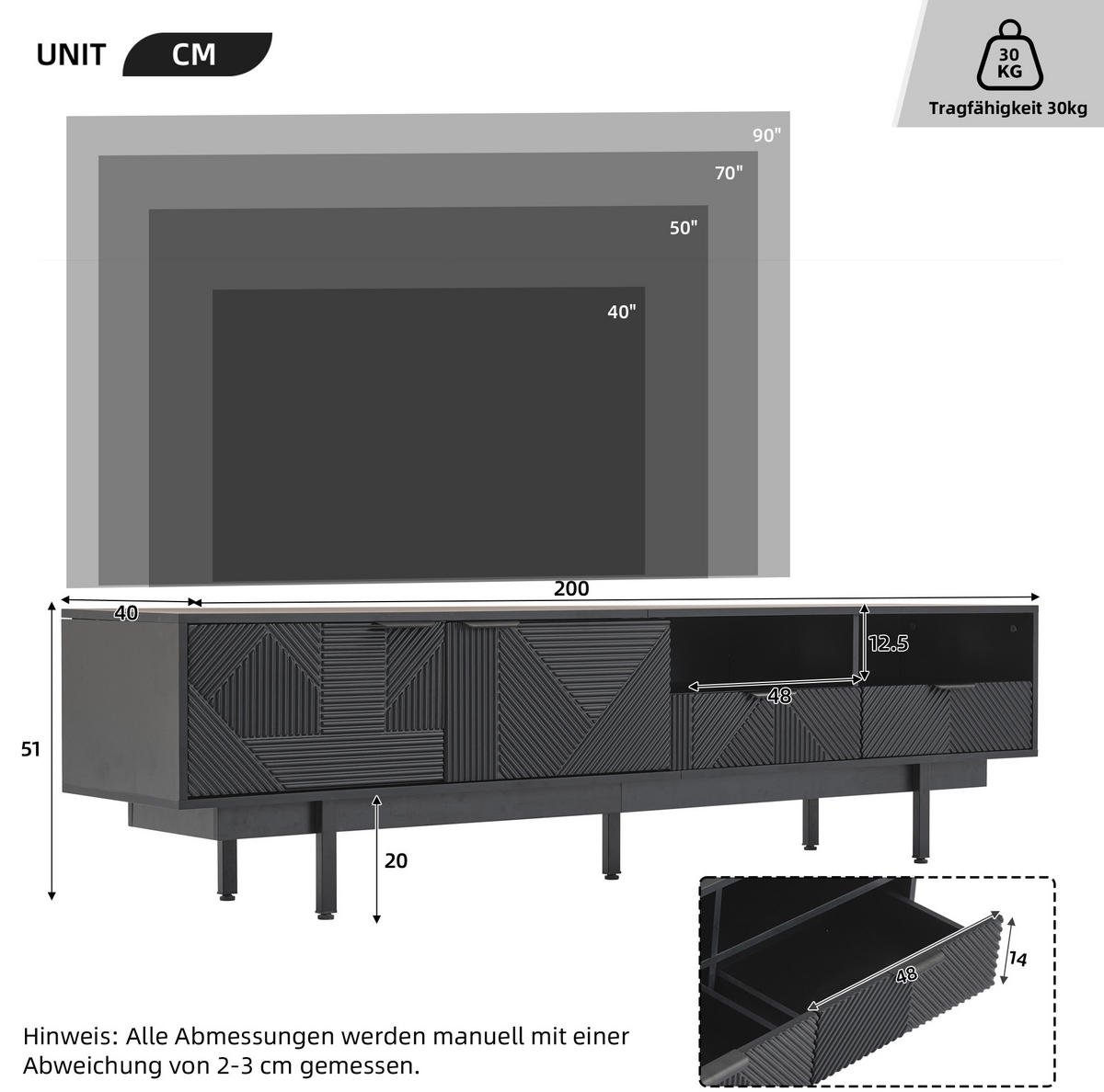 TV-LOWBOARD aus Spanplatte 200x40x51 cm Schwarz mit Stauraum, Kabelmanagement und geometrischem Frontdesign - Schwarz, Holzwerkstoff (200/51/40cm) - Modfu